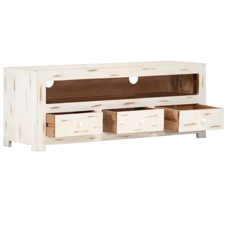 Meuble TV Bois massif d'acacia 110x30x40 cm Blanc - 3