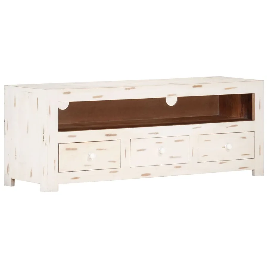 Meuble TV Bois massif d'acacia 110x30x40 cm Blanc - 8