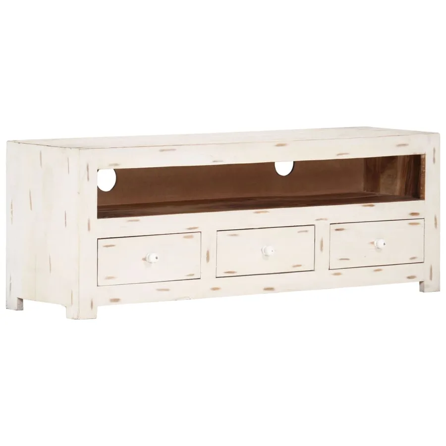 Meuble TV Bois massif d'acacia 110x30x40 cm Blanc - 9