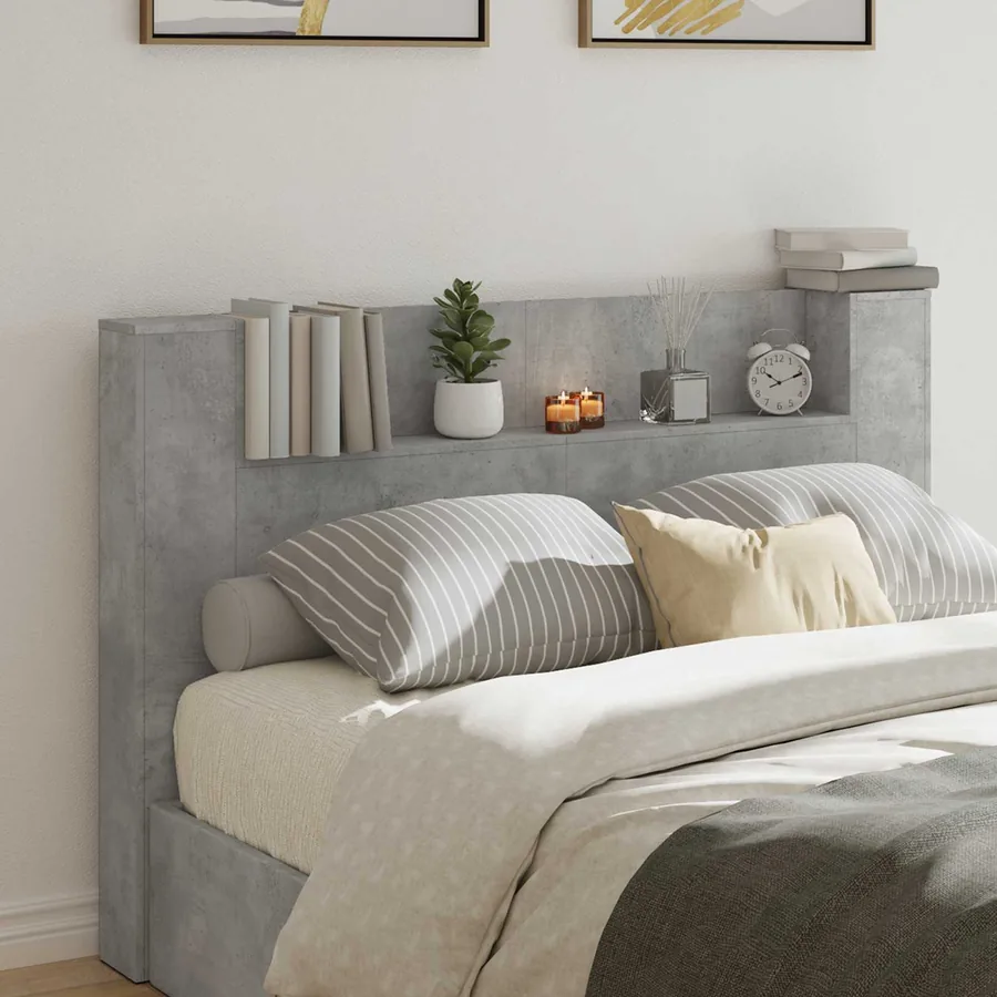 Tête de lit de rangement avec LED Gris béton Bois d'ingénierie