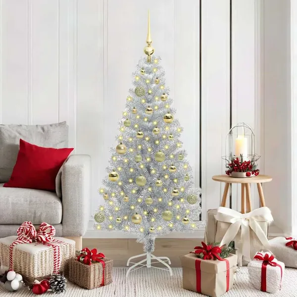 Sapin de Noël avec 150 LED avec support Argent 150 cm PET