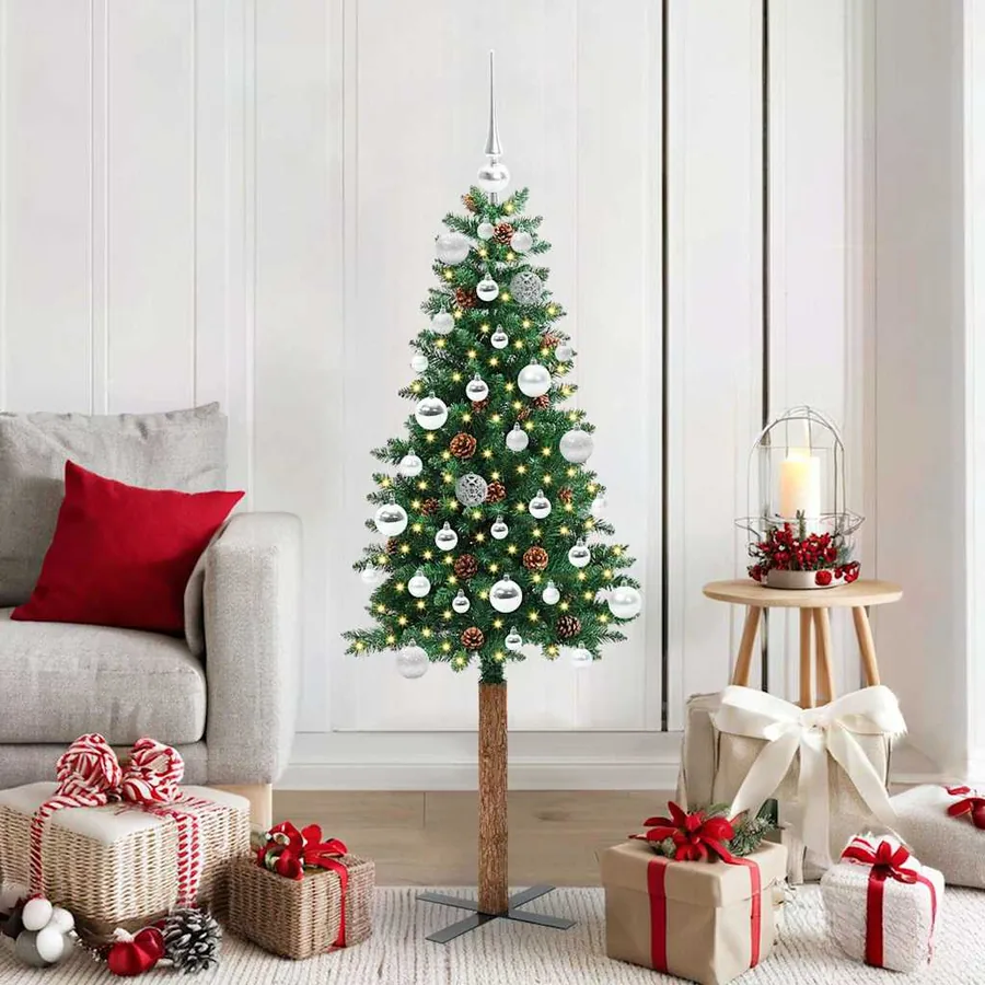 Sapin de Noël mince Vert 150 cm PVC et bois de pin massif