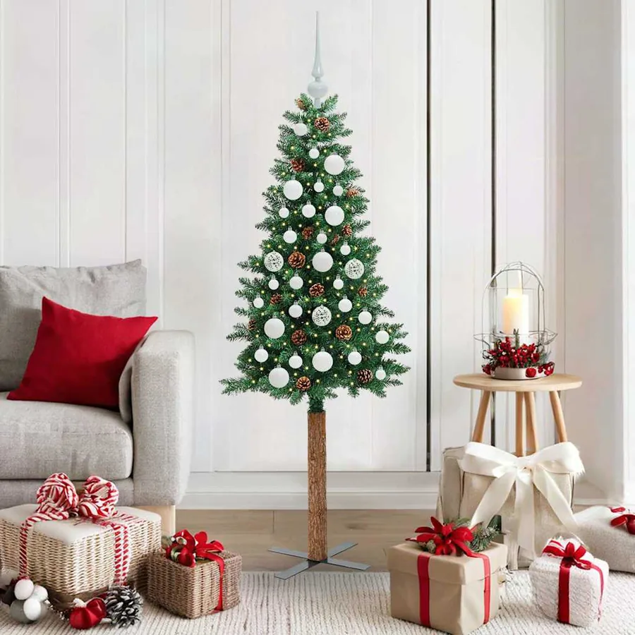 Sapin de Noël mince Vert 150 cm PVC et bois de pin massif