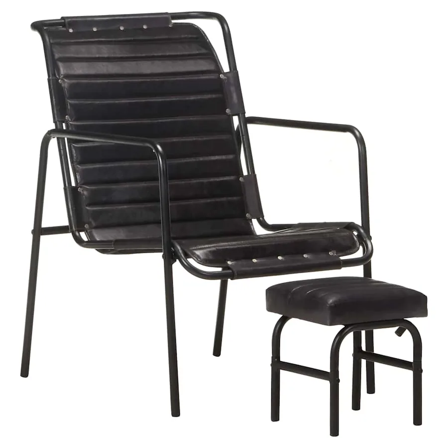Fauteuil de relaxation avec repose-pied Noir Cuir véritable - 2