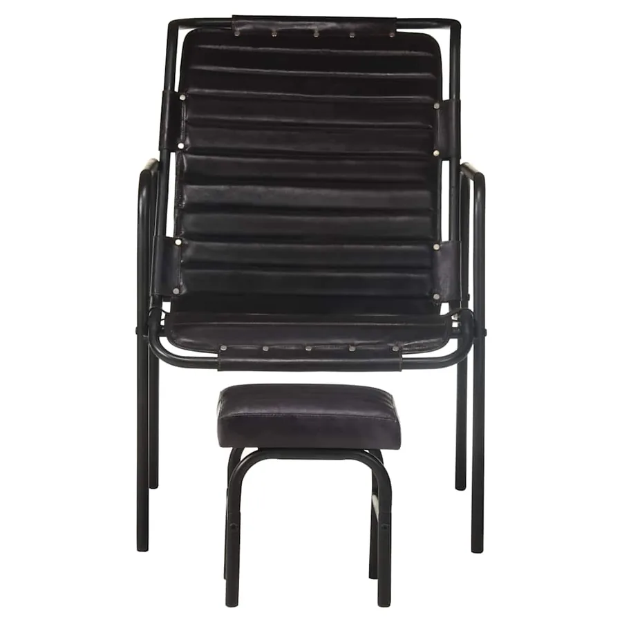 Fauteuil de relaxation avec repose-pied Noir Cuir véritable - 3