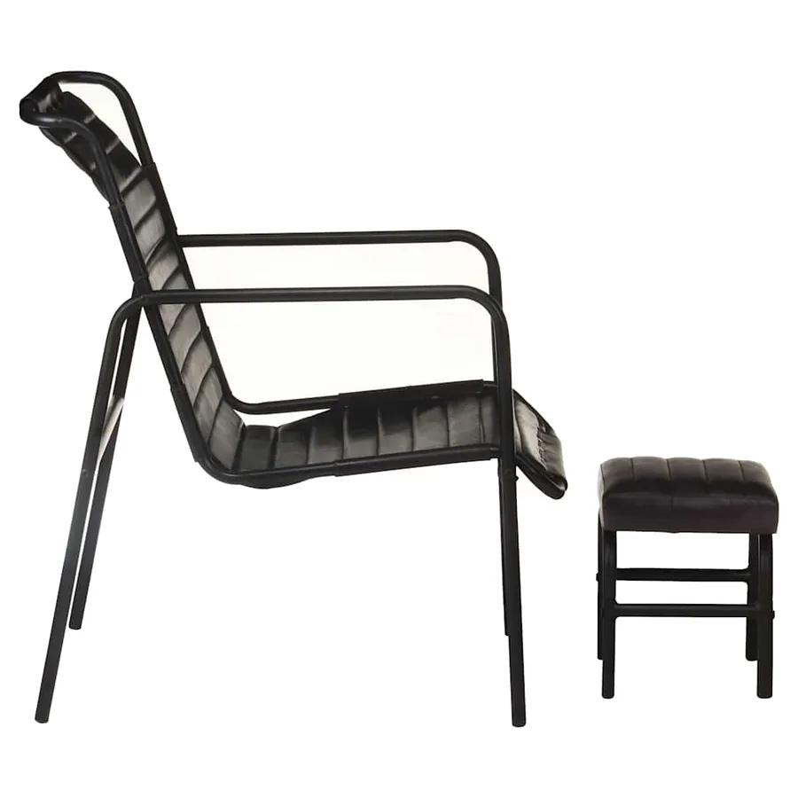 Fauteuil de relaxation avec repose-pied Noir Cuir véritable - 4