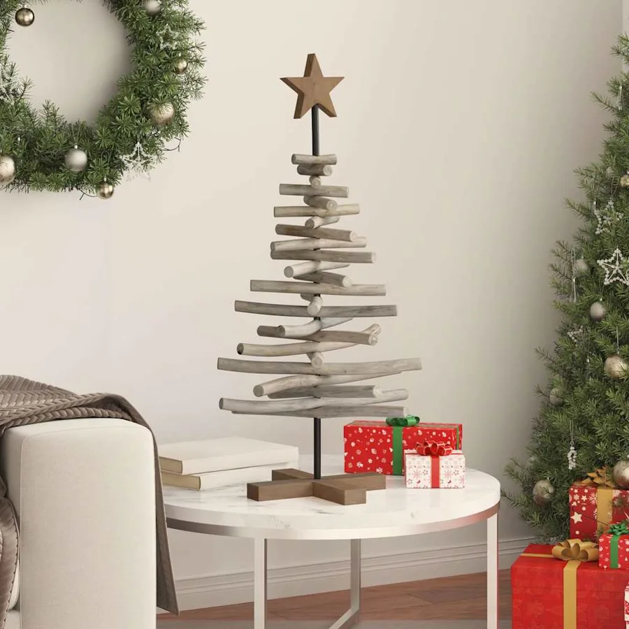 Sapin de Noël avec support Marron 90 cm Bois de teck solide - 4