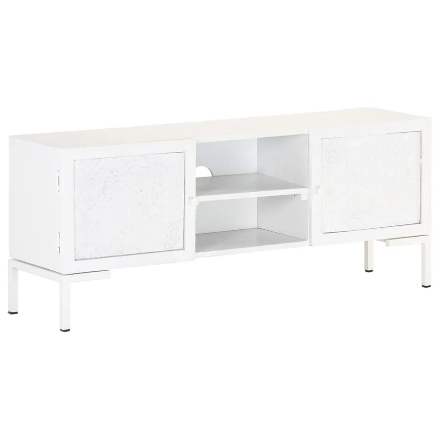 Meuble TV Blanc 115x30x46 cm Bois massif de manguier - 11