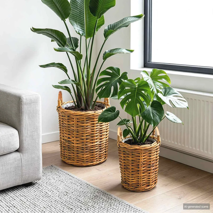 Panier de Plante avec stockage 2 pc Brun Naturel Rattan Kubu