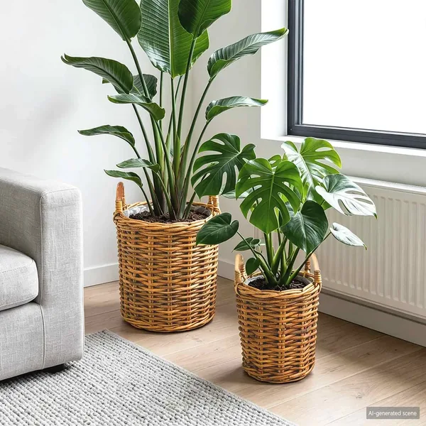 Panier de Plante avec stockage 2 pc Brun Naturel Rattan Kubu