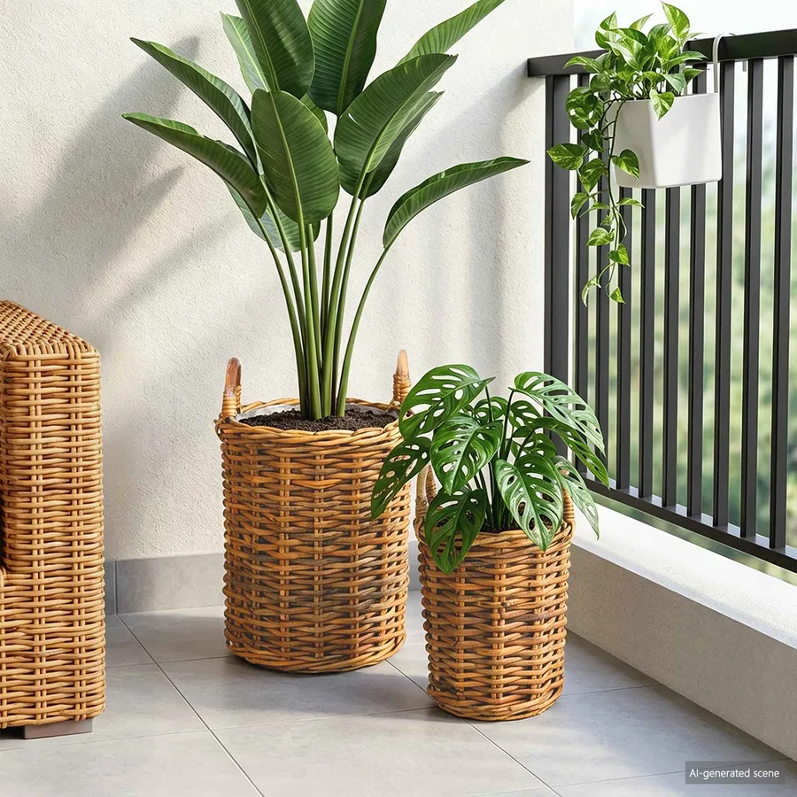 Panier de Plante avec stockage 2 pc Brun Naturel Rattan Kubu - 3