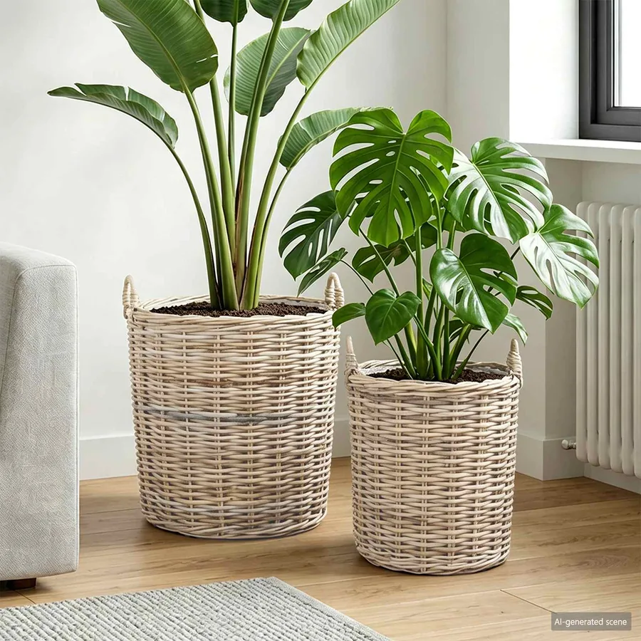Panier à Plantes avec stockage 2 pc Gris naturel Rattan Kubu