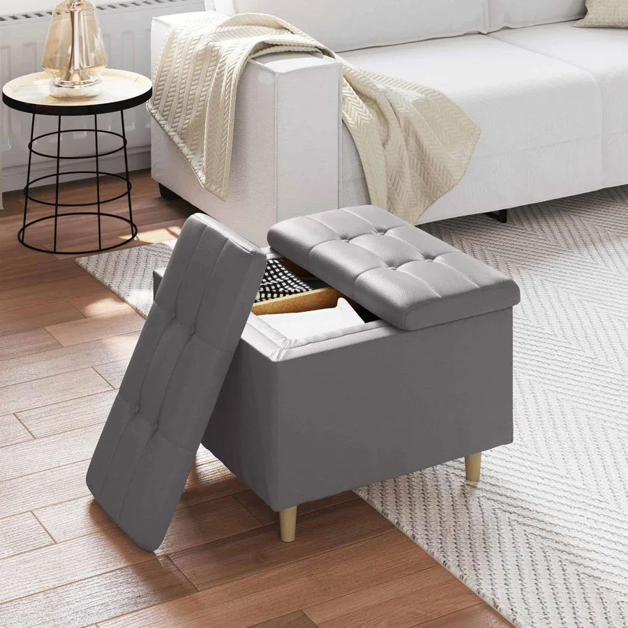 Pouf de rangement avec coussin Gris 60 x 60 x 45 cm Simili cuir - 4