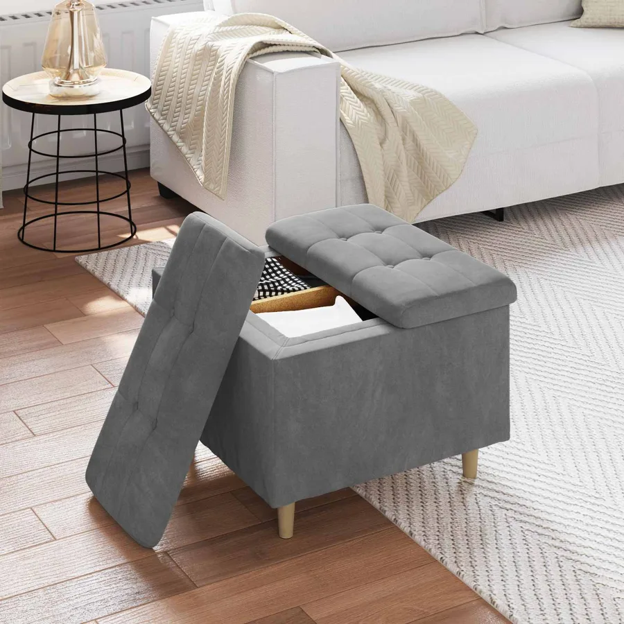 Pouf de rangement Gris foncé 60 x 60 x 45 cm Velours - 4