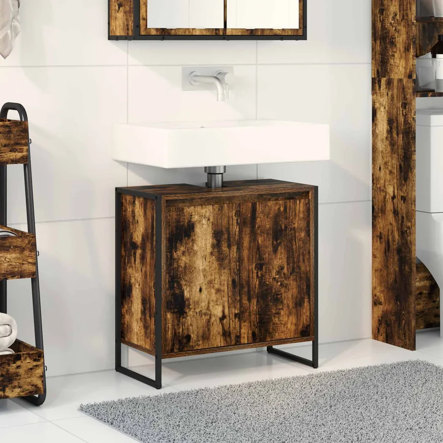 Cabinet de salle de bain avec porte Chêne Fumé 60 x 30 x 60 cm