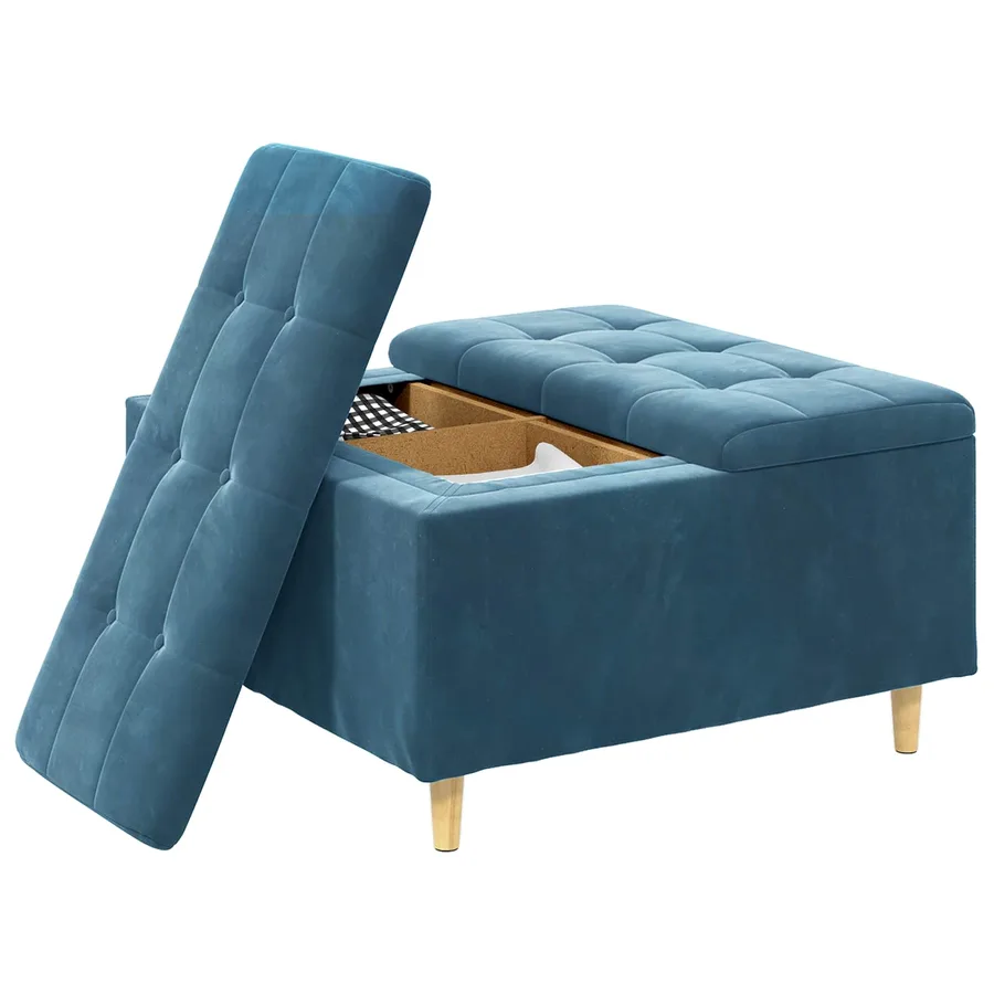 Pouf de rangement avec coussin Bleu 80 x 80 x 45 cm Velours - 3