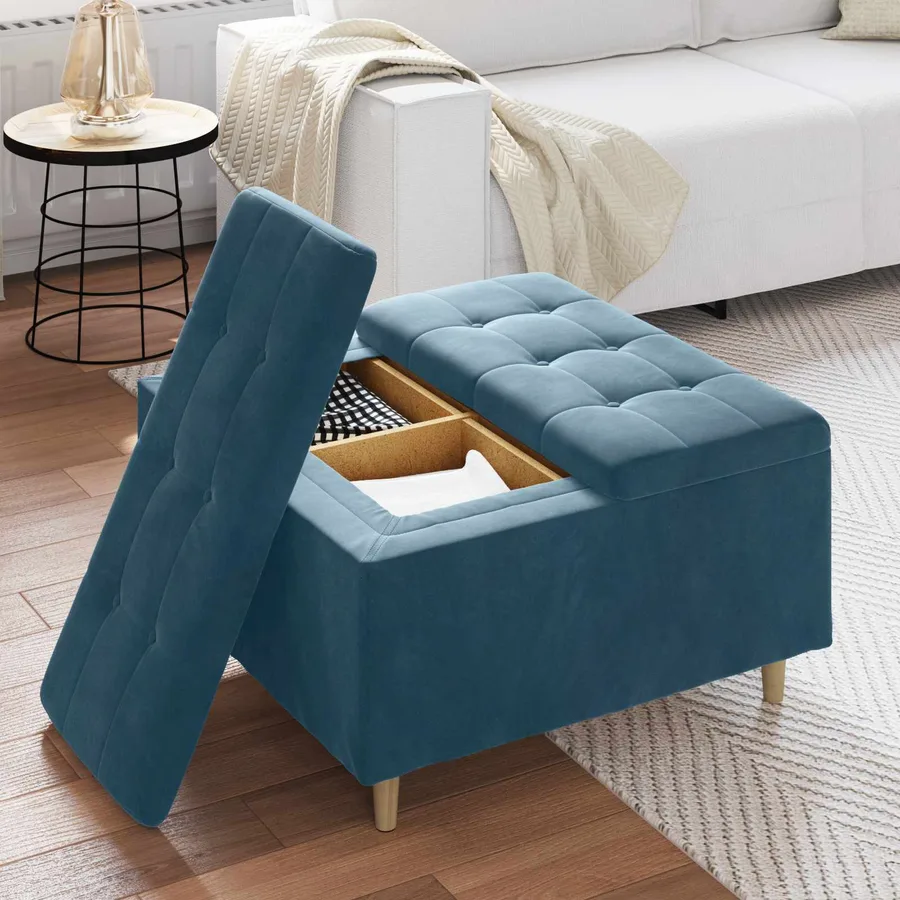 Pouf de rangement avec coussin Bleu 80 x 80 x 45 cm Velours - 4