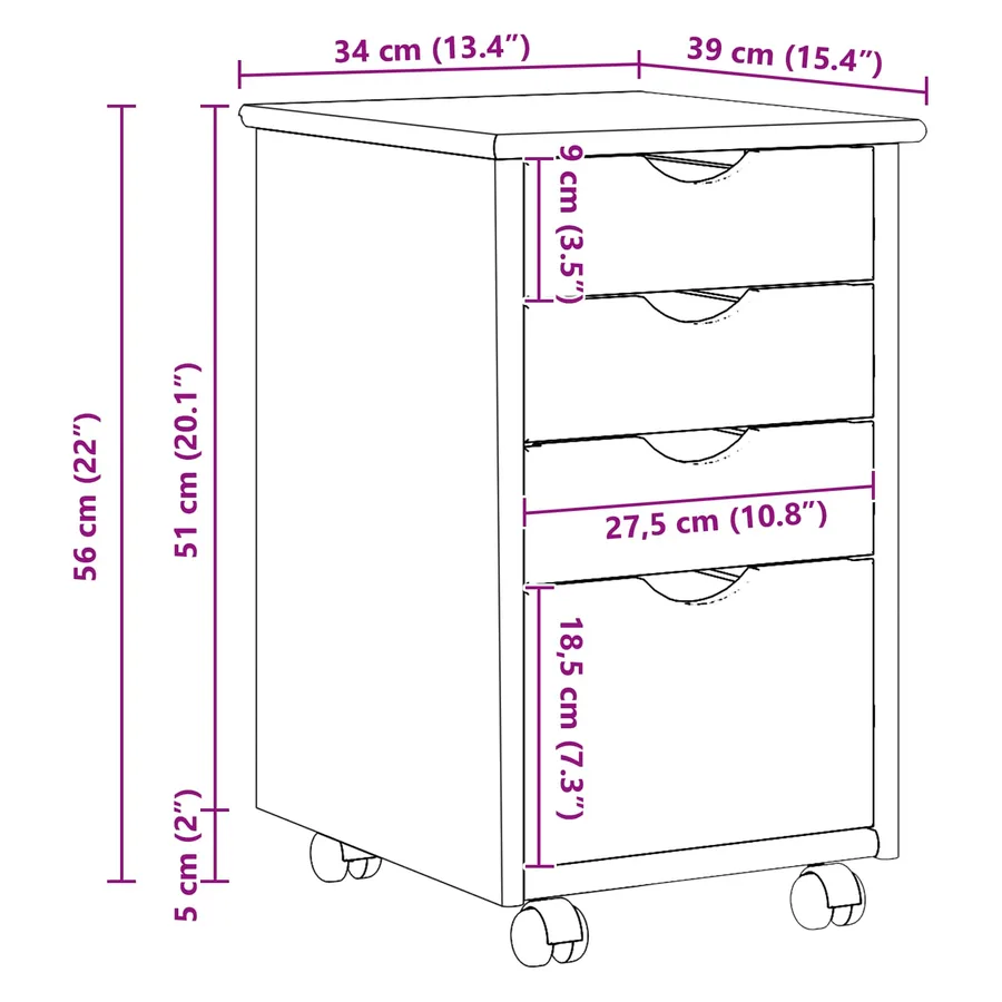 Cabinet roulant avec roue Noir 34 x 39 x 56 cm Pin massif - 8