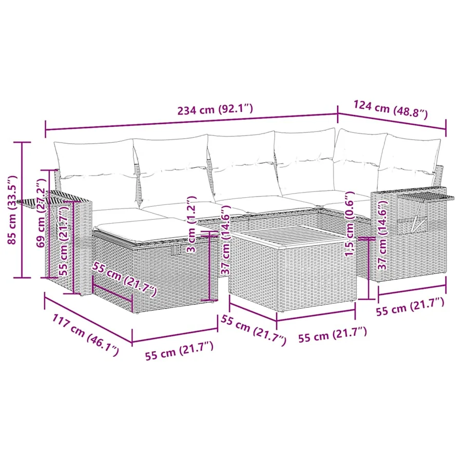 Salon de jardin 7 pcs avec coussins noir résine tressée 55 x 62 x 69 cm - 60,4 kg - 15