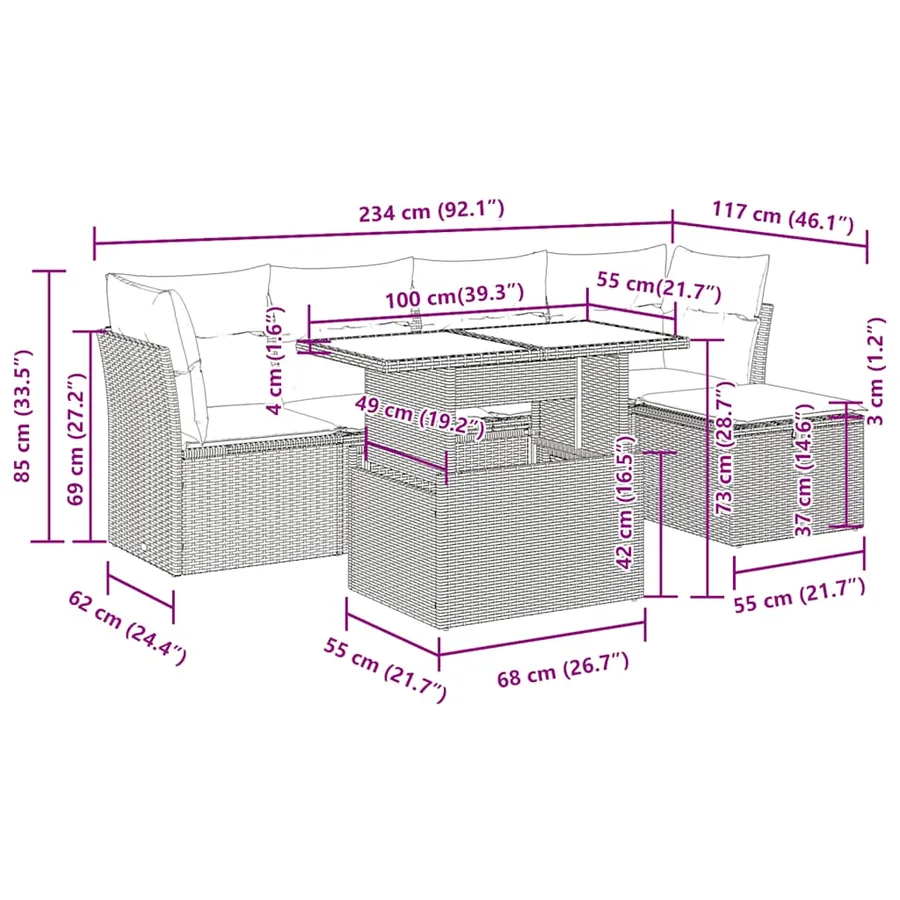 Salon de jardin 6 pcs avec coussins noir résine tressée acacia - 13