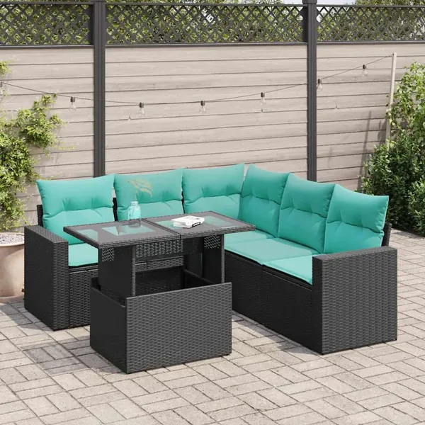 Salon de jardin 6 pcs avec coussins noir résine tressée acacia