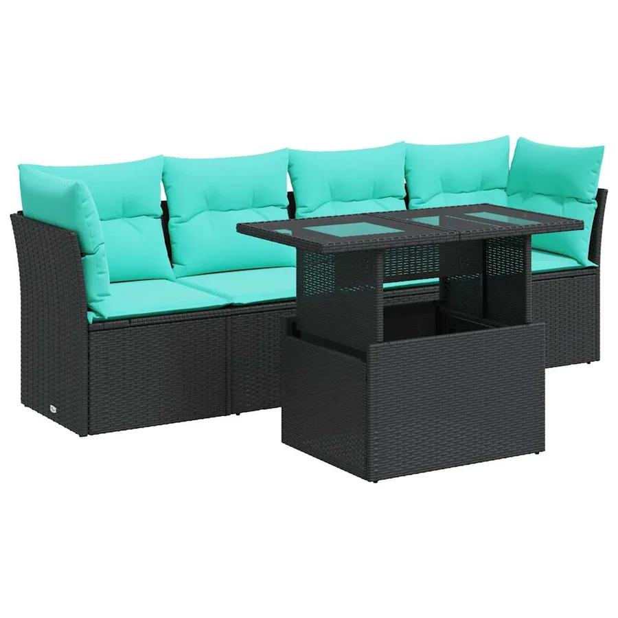Salon de jardin 5 pcs avec coussins noir résine tressée acacia - 2