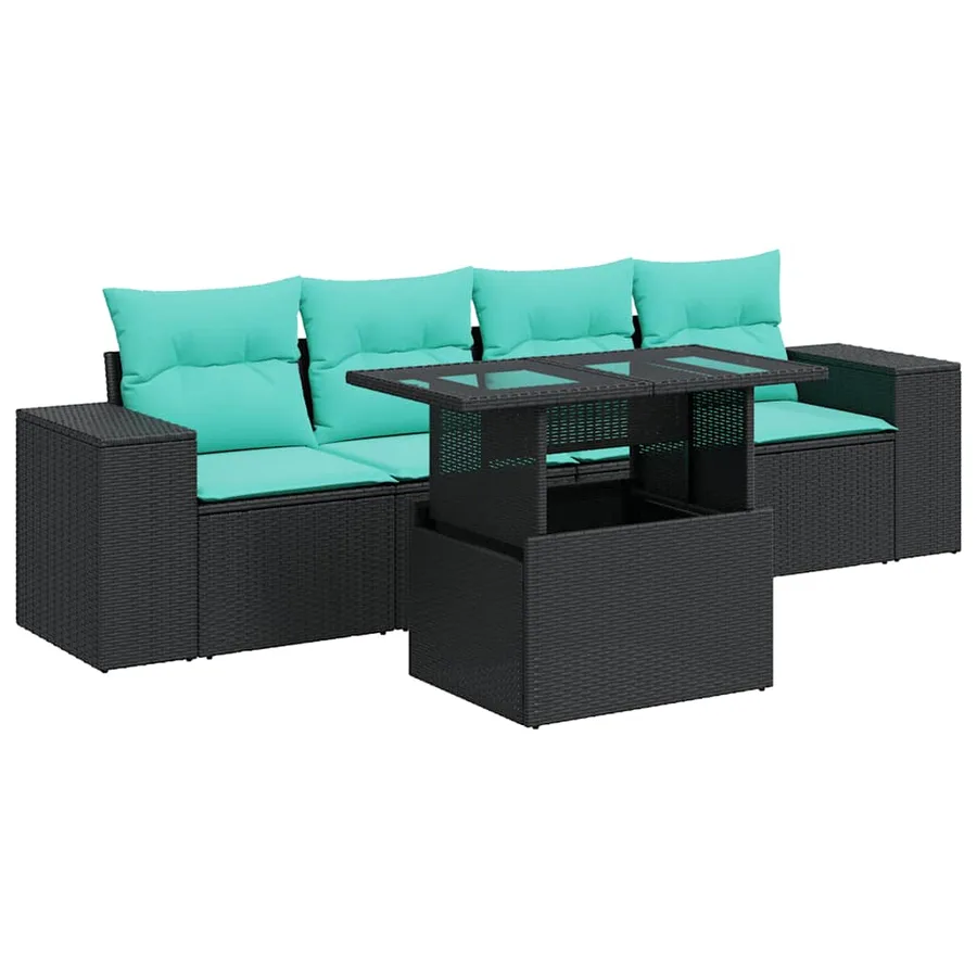 Salon de jardin 5 pcs avec coussins noir résine tressée acacia - 2
