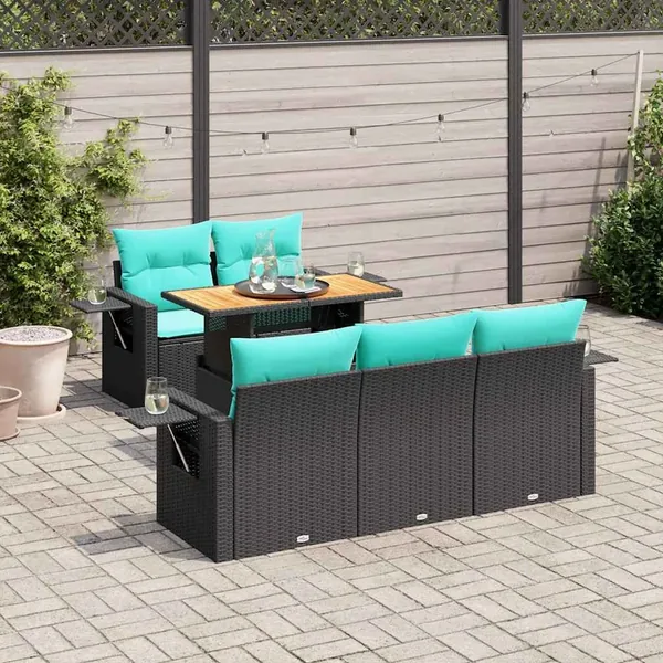 Salon de jardin 6 pcs avec coussins noir résine tressée