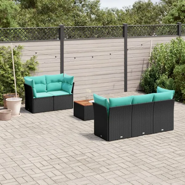 Salon de jardin 6 pcs avec coussins noir résine tressée