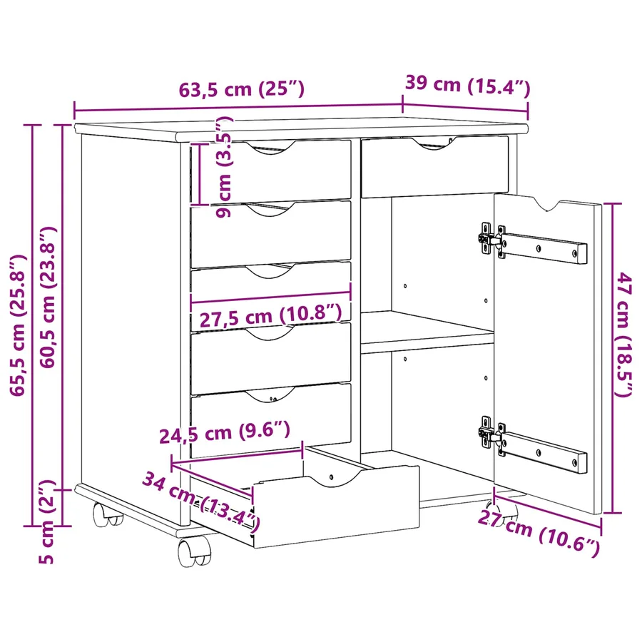 Cabinet roulant Marron 63,5 x 39 x 65,5 cm Bois de Pin Massif - 10