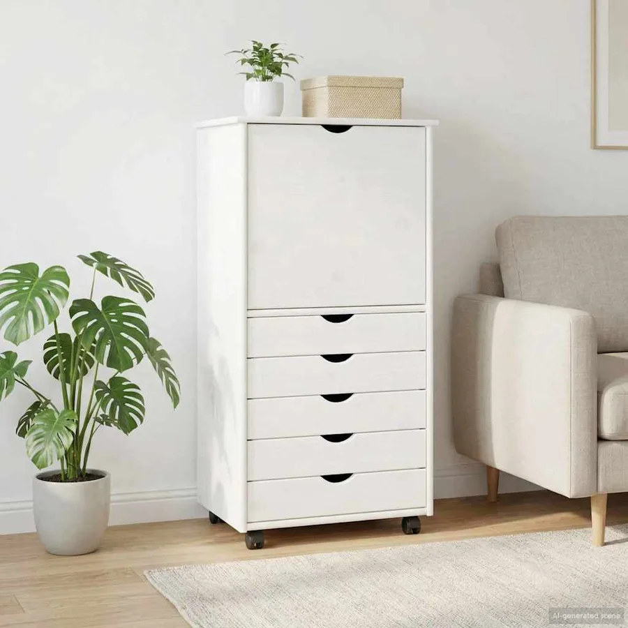 Cabinet roulant Blanc 53 x 39 x 103 cm Bois de Pin Massif - 3
