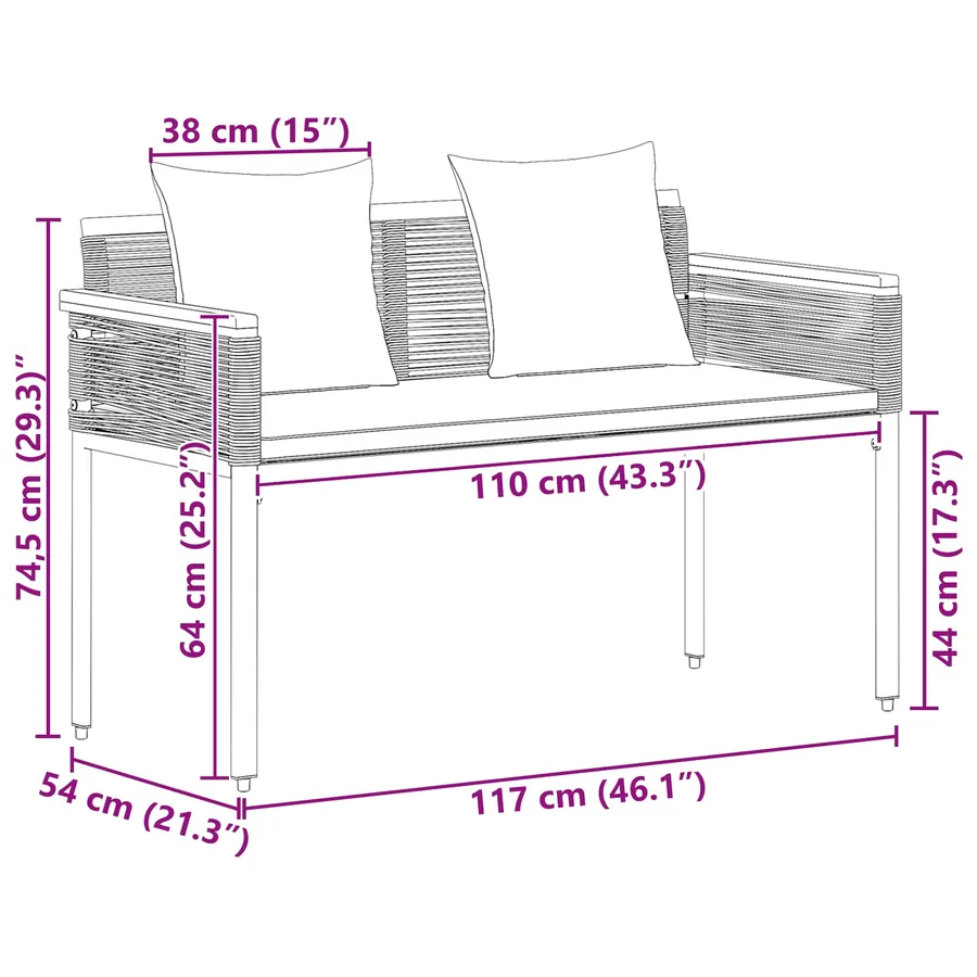 Banc extérieur avec coussin Noir 117 x 54 x 74.5 cm polyrotin - 10