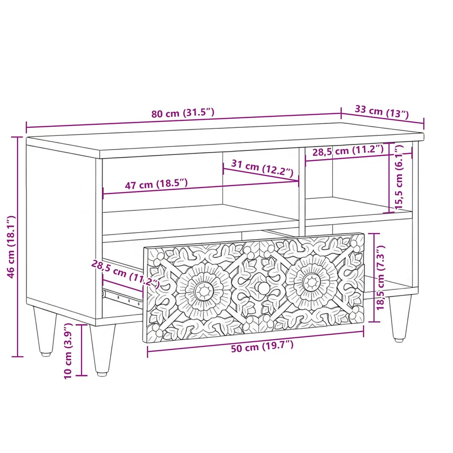 Meuble TV Marron 80 x 33,5 x 46 cm Bois de mangue massif - 12