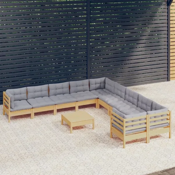 Salon de jardin 11 pcs avec coussins gris bois de pin