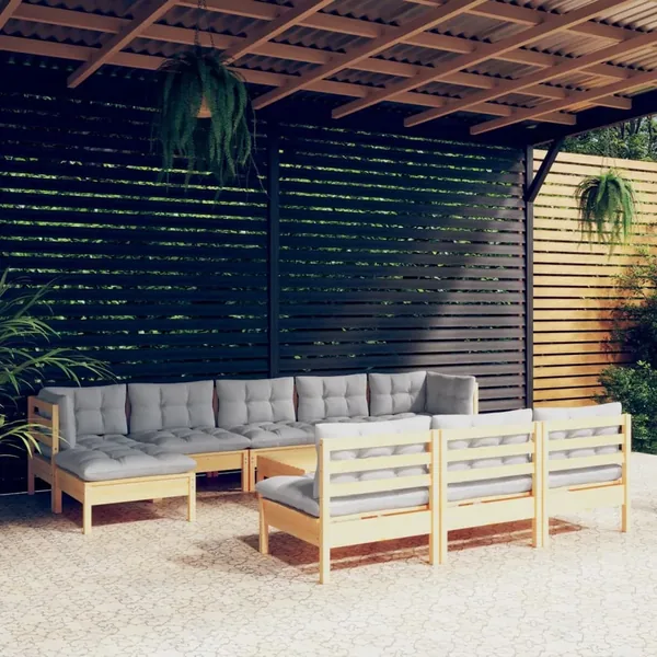 Salon de jardin 11 pcs avec coussins gris bois de pin