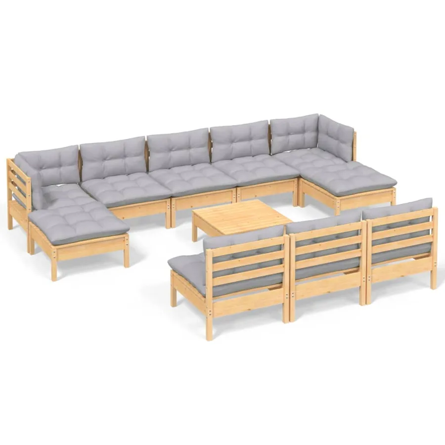 Salon de jardin 11 pcs avec coussins gris bois de pin - 2