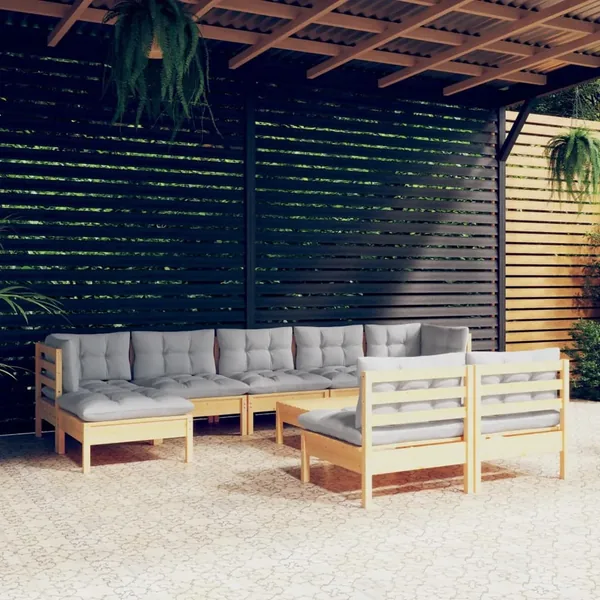 Salon de jardin 10 pcs avec coussins gris Bois de pin