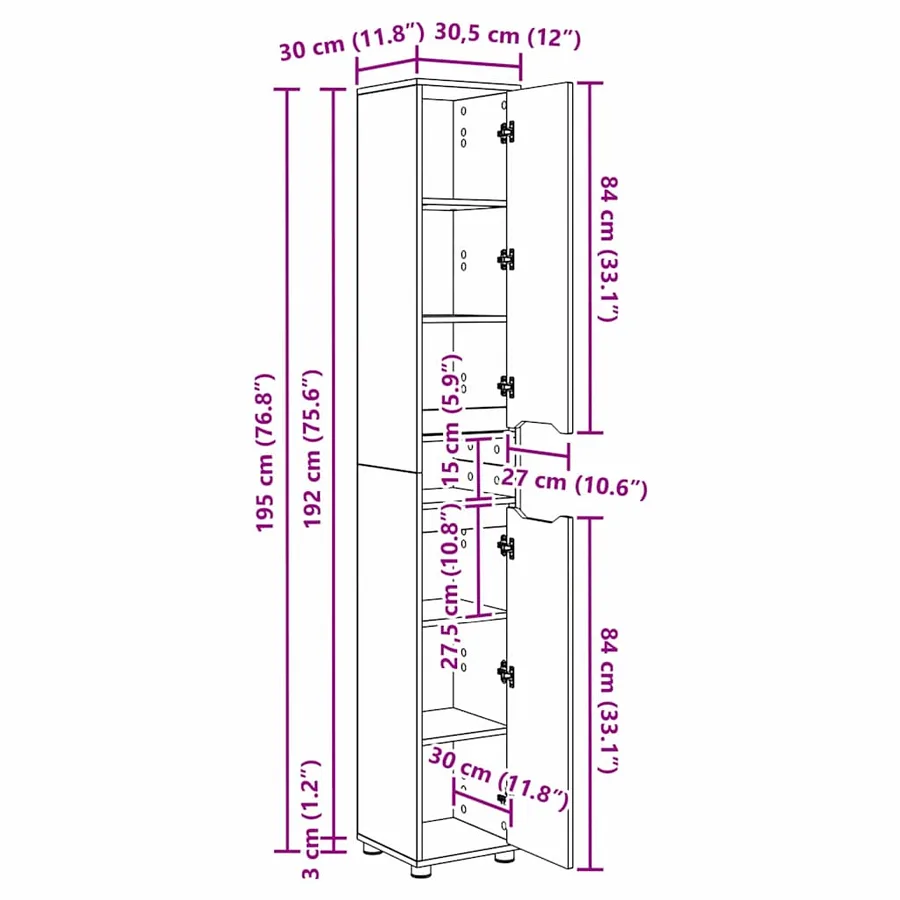 Cabinet de salle de bain Blanc brillant 30,5 x 30 x 195 cm - 14