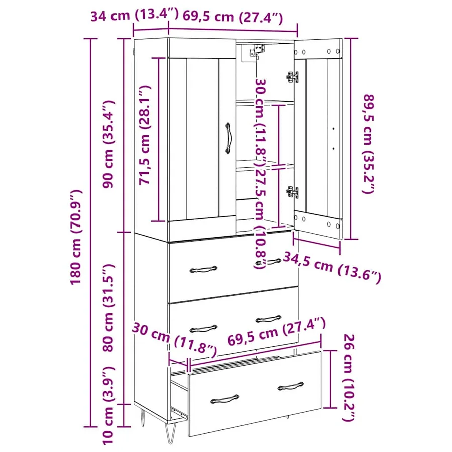 Haut Armoire Chêne noir 69,5 x 34 x 180 cm Bois d'ingénierie - 14