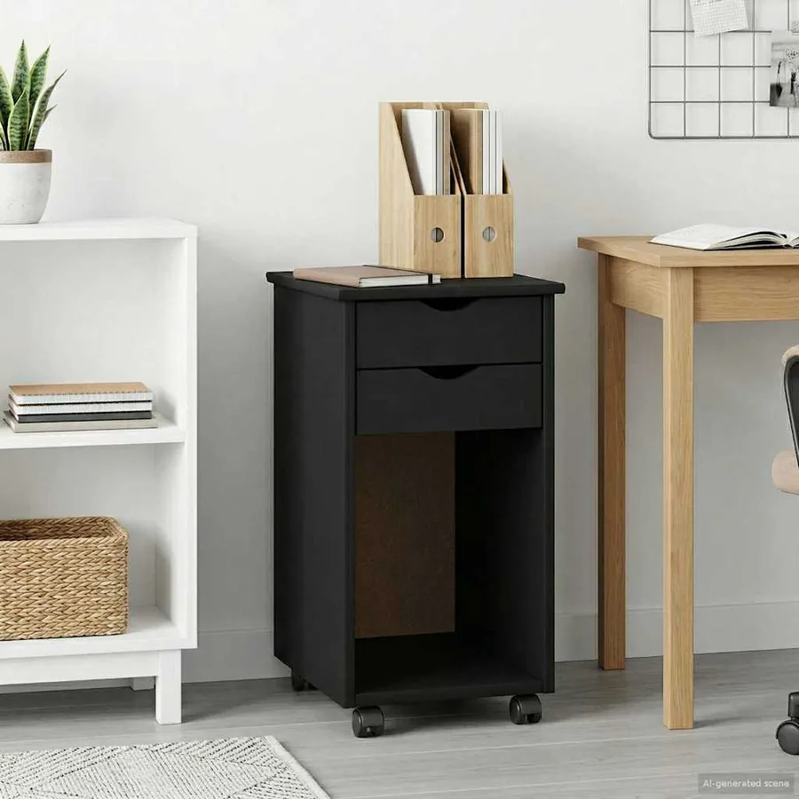 Cabinet roulant Noir 34 x 39 x 65,5 cm Pin massif