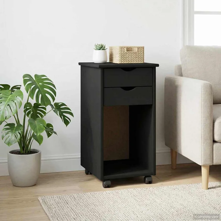 Cabinet roulant Noir 34 x 39 x 65,5 cm Pin massif - 3