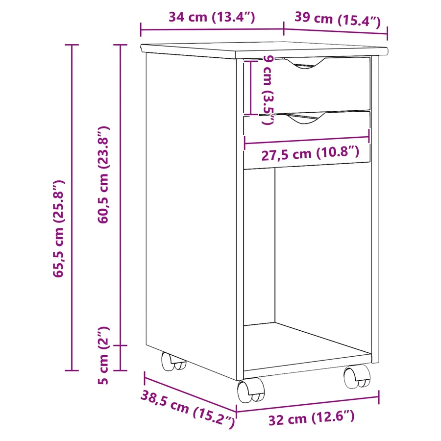 Cabinet roulant Noir 34 x 39 x 65,5 cm Pin massif - 8