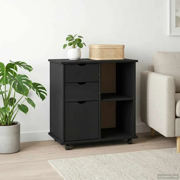 Cabinet roulant Noir 63,5 x 39 x 65,5 cm Bois de Pin Massif