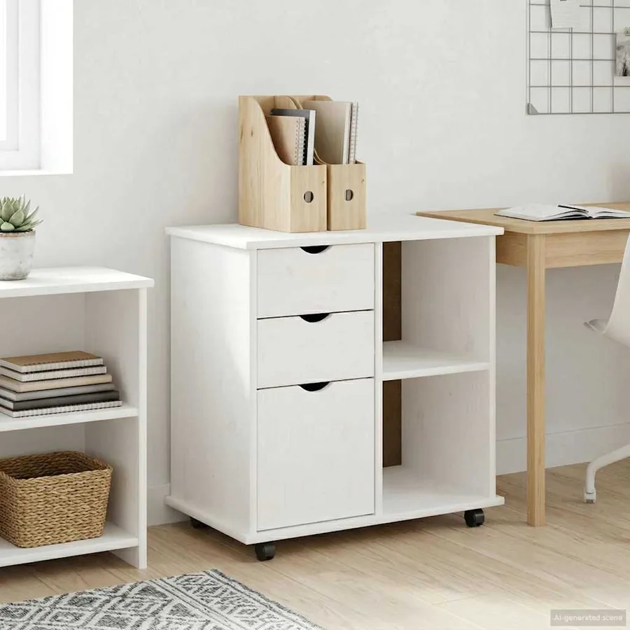 Cabinet roulant Blanc 63,5 x 39 x 65,5 cm Bois de Pin Massif