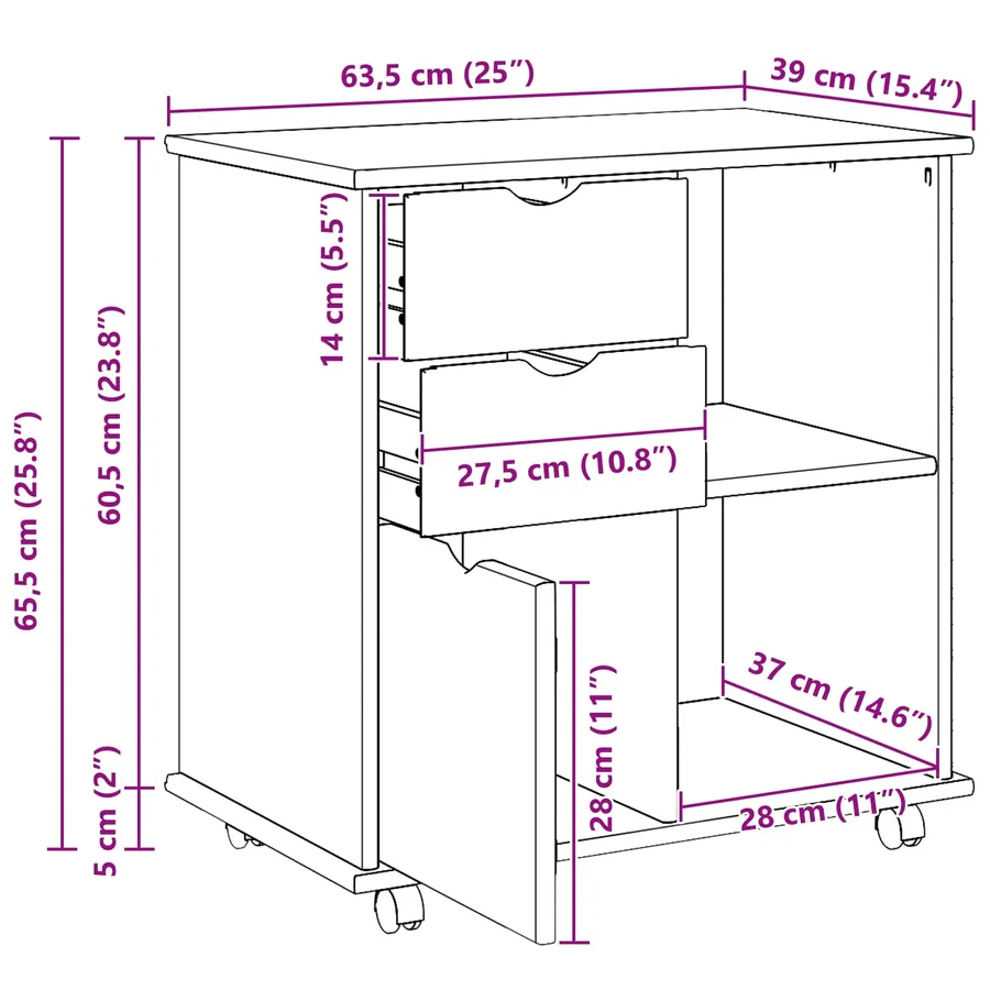 Cabinet roulant Blanc 63,5 x 39 x 65,5 cm Bois de Pin Massif - 10