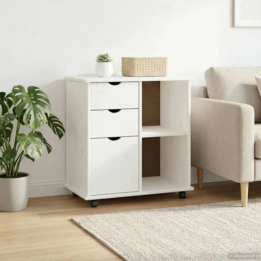 Cabinet roulant Blanc 63,5 x 39 x 65,5 cm Bois de Pin Massif - 3