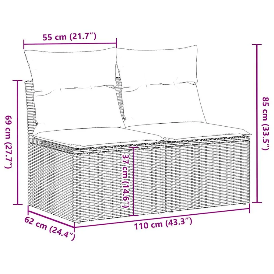 Salon de jardin avec coussins 2 pcs noir résine tressée acacia - 7