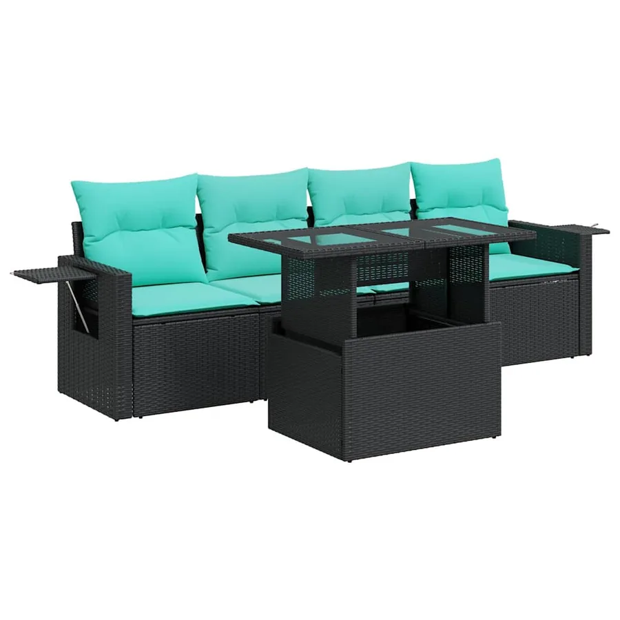 Salon de jardin avec coussins 5pcs noir résine tressée acacia - 2