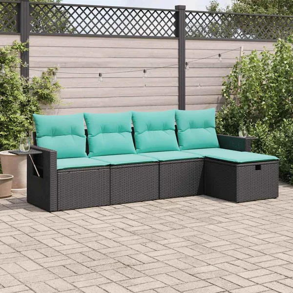 Salon de jardin 5 pcs avec coussins noir résine tressée