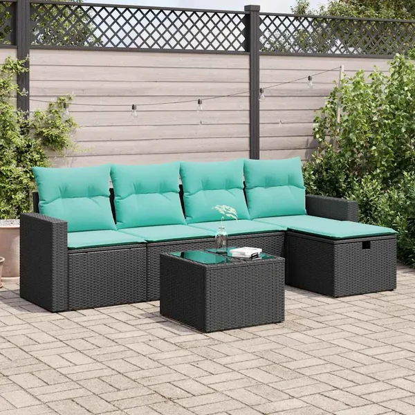 Salon de jardin 6 pcs avec coussins noir résine tressée
